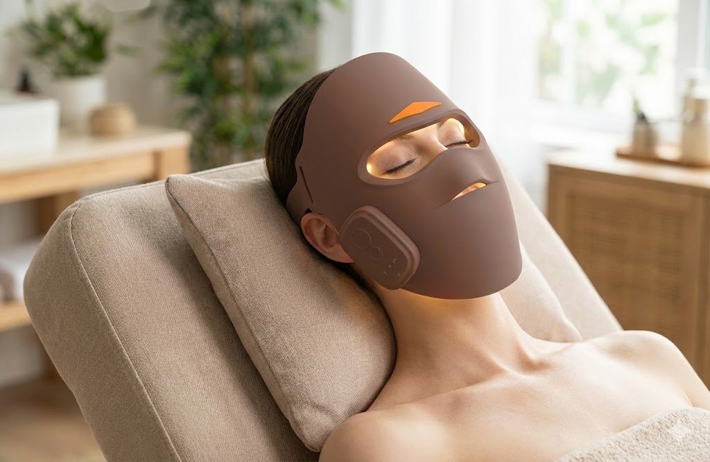 Woman using wireless mask while relaxing